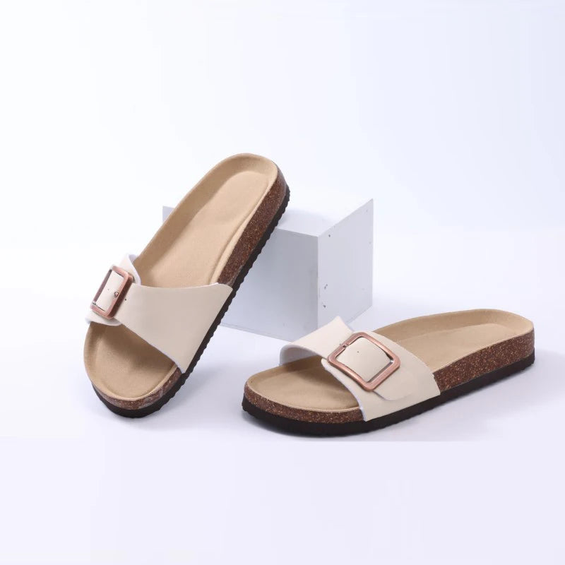 Crestar Women's Summer Cork Slippers 2025 New Outdoor Beach Flip Flops Fashion Leather Orthopedic Sandals With Adjustable Buckle