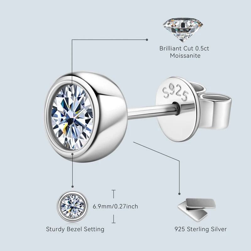 Lnngy 925 Sterling Silver Stud Earring D-Color 5mm 6.5mm Round Cut Bezel Moissanite Simple Bubble Earrings For Women Jewelry