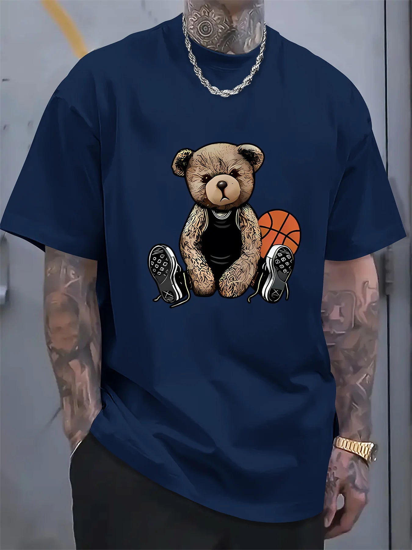 Men's summer 100 cotton fashionable casual sports loose and fun basketball bear pattern printed round neck short sleeved T-shirt