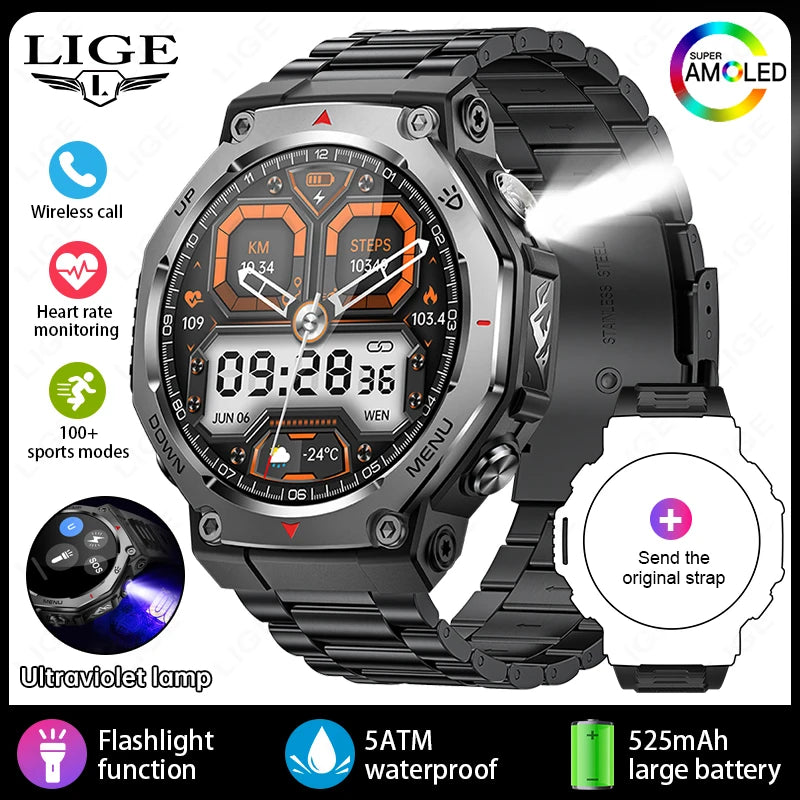 LIGE New 1.43 inch AMOLED Screen Smart Watch 525mAh Big Battery BT Call IPX8-5ATM Waterproof Sports Smartwatch For Android ios