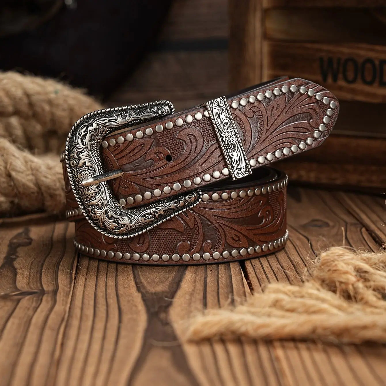 Western Cowboy PU Leather Belt - Men Waist Strap Bull Decoration Floral Engraved for Jeans
