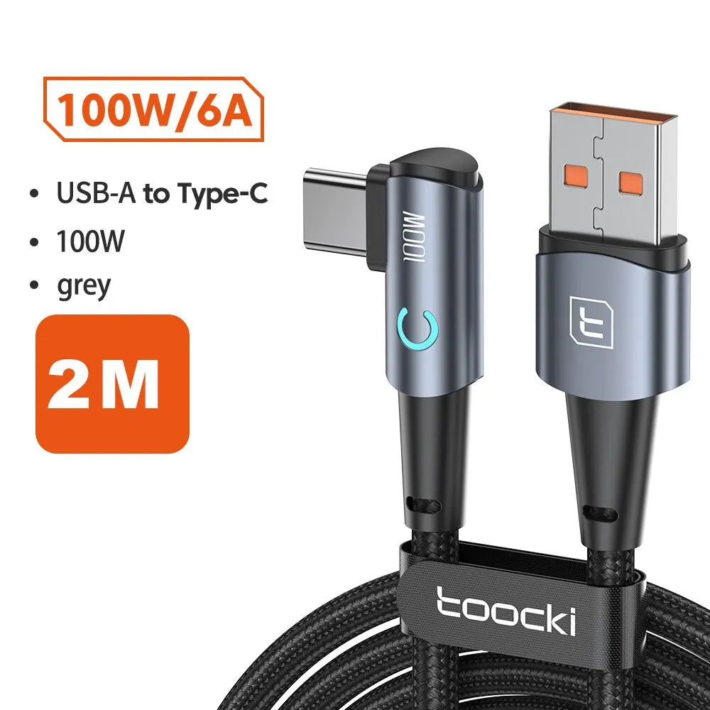 كابل Toocki 6A USB C بزاوية 90 درجة لشحن سريع 100 واط لهاتف OPPO وHonor وHuawei وOneplus وRealme وسلك بيانات الشاحن