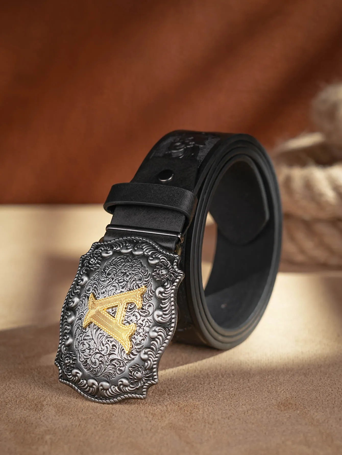 Western Cowboy PU Leather Belt - Men Waist Strap Bull Decoration Floral Engraved for Jeans