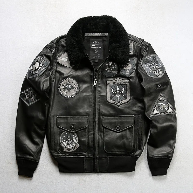 G1 flight suit jacket men Europe and the United States size embroidery French sheepskin leather coat sheep shearling collar top