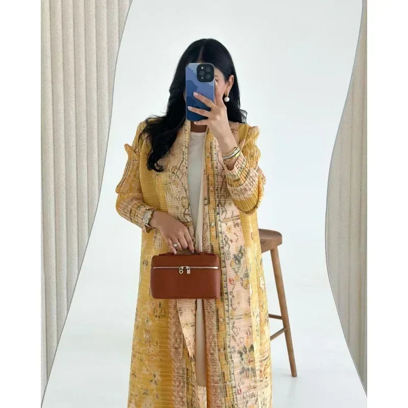 KAF Pleated Women Trench Coat Vintage Printed Cardigan Design Loose Plus Size Women Long Dress Dubai Female Luxury Abaya 2024