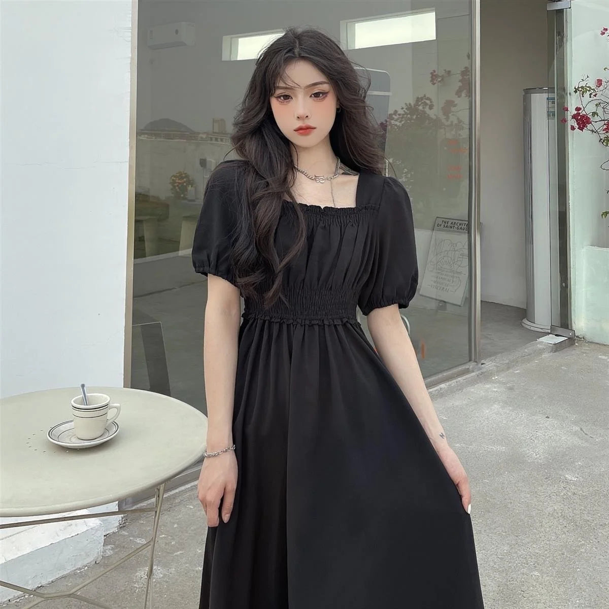Sweet Retro Hepburn Sle Square Collar Dr Waist-Cinching Long Bla Dr Initial Love Tea Break Faionable Summer Dr