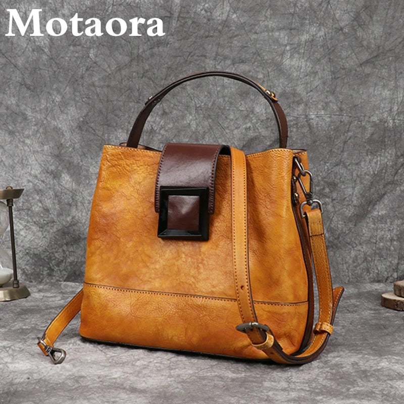 MOTAORA Women's Vintage Bucket Bag Genuine Top-Grain Leather Handmade Purse Luxury Designer Casual Office Travel Shoulder Bag
