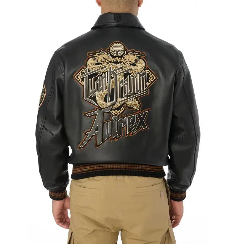 AVIREX High Quality Genuine Sheepskin Coat Men's US Size Classic Varsity Jacket Natural Leather Flight Suit Lapel Outerwear