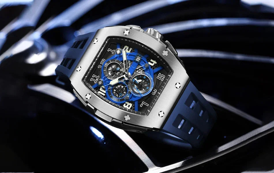 TSAR BOMBA Luxury Mens Watch Top Brand Wristwatch Tonneau Clock Rubber Strap Chronograph Sapphire Watches for Men