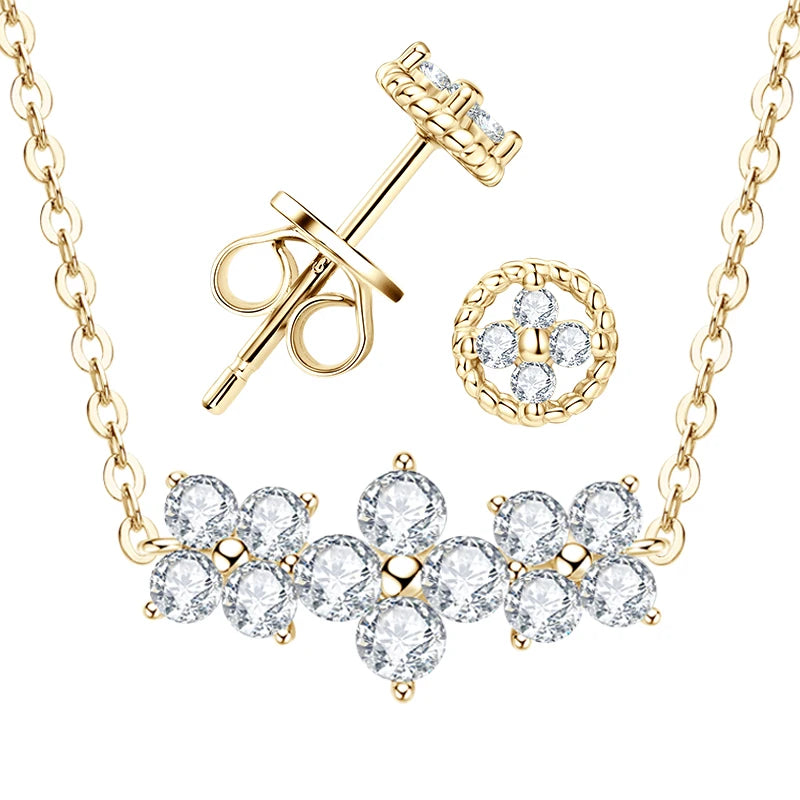 Lnngy GRA Certified Moissanite Stud Earring Necklace Jewelry Set For Women 925 Sterling Silver Four Leaf Clover Pendant Necklace