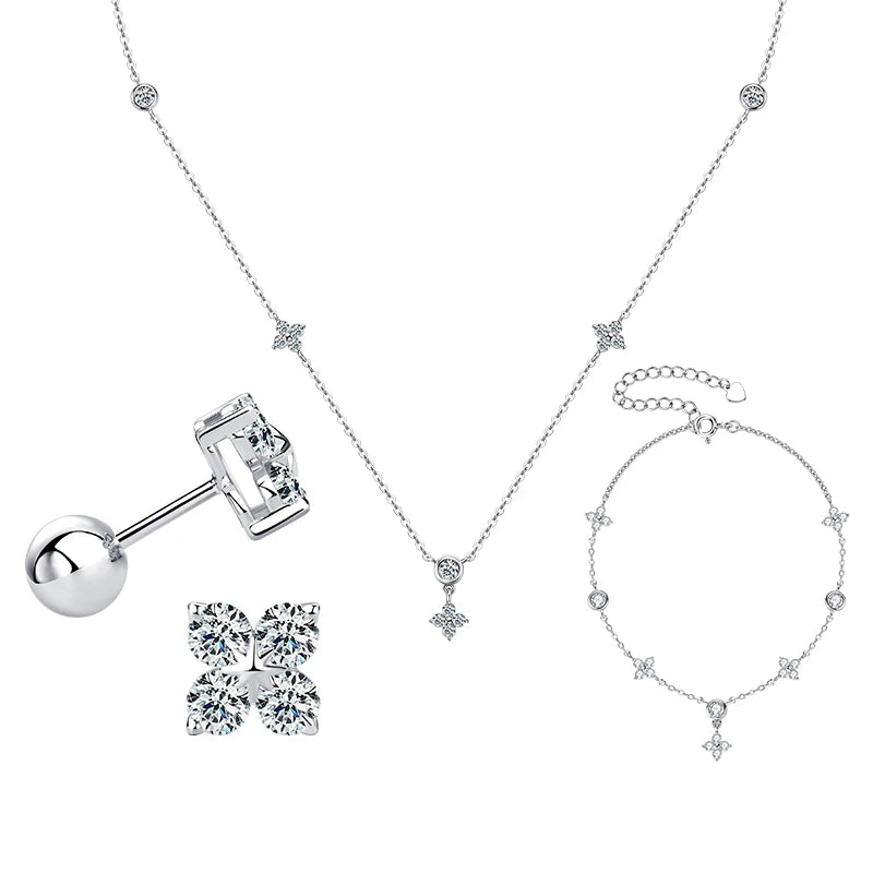 Lnngy Moissanite Necklace Bracelet Earring 925 Sterling Silver Four Leaf Flower Pendant Moissanites Jewelry Set For Wedding Gift