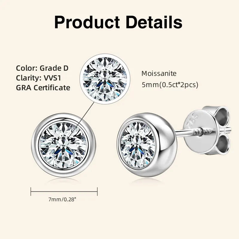 Lnngy GRA Certified 5mm/6.5mm Moissanite Earring 925 Sterling Silver Round Bubble Stud Earrings for Women Daily Jewelry Gift