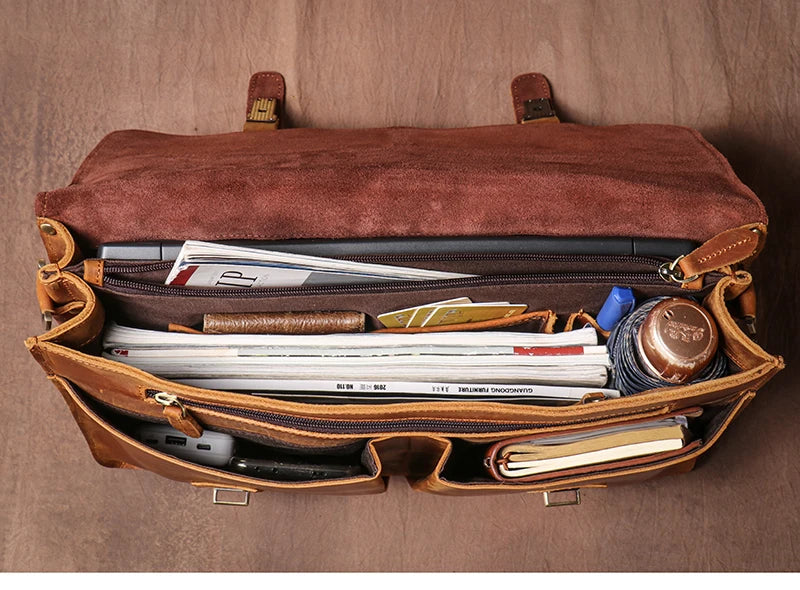 LUOKIR Vintage Crazy Horse Briefcase Travel Genuine Leather Handbag Luxury Men's Messenger Computer Shoulder Bag 14 Inch Laptop