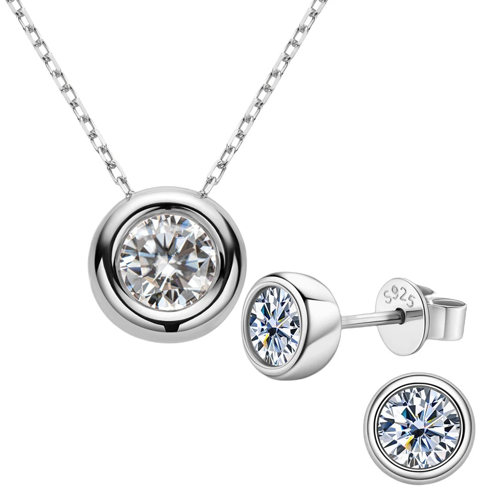 Lnngy D Color Bezel Moissanite Stud Earrings 925 Sterling Silver Pendant Necklace Earring Jewelry Set For Ladies Wedding Gift