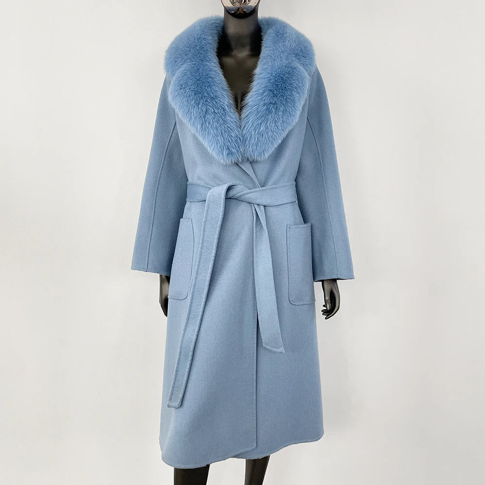 GENHUA 2025 New Casual Fur Coat for Ladies Winter Wool Long Fur Ladies Natural Real Fox Fur Collar Jacket for Ladies Warm Coat