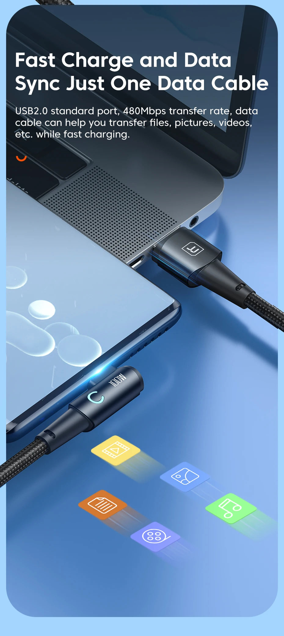 كابل Toocki 6A USB C بزاوية 90 درجة لشحن سريع 100 واط لهاتف OPPO وHonor وHuawei وOneplus وRealme وسلك بيانات الشاحن