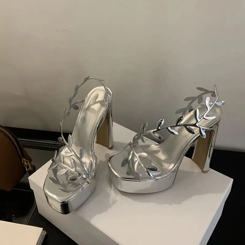 Women’s 13cm Gold Platform Heeled Sandals – Silver Leaves PVC Transparent Party Dress Shoes