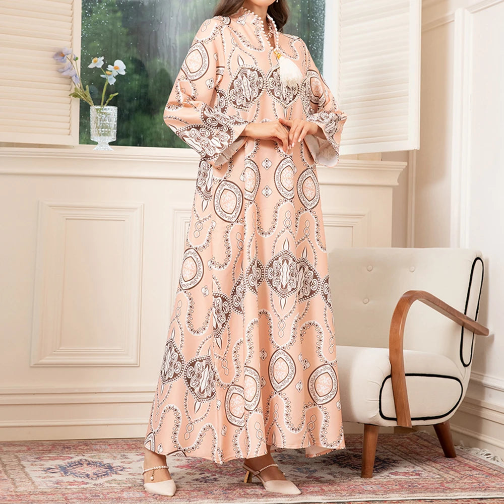 Rafiah Summer Arabian Dress 2025 Classic Traditional Full Print Long Sleeve Half Open Collar Midi A-Line Long Dress For Women