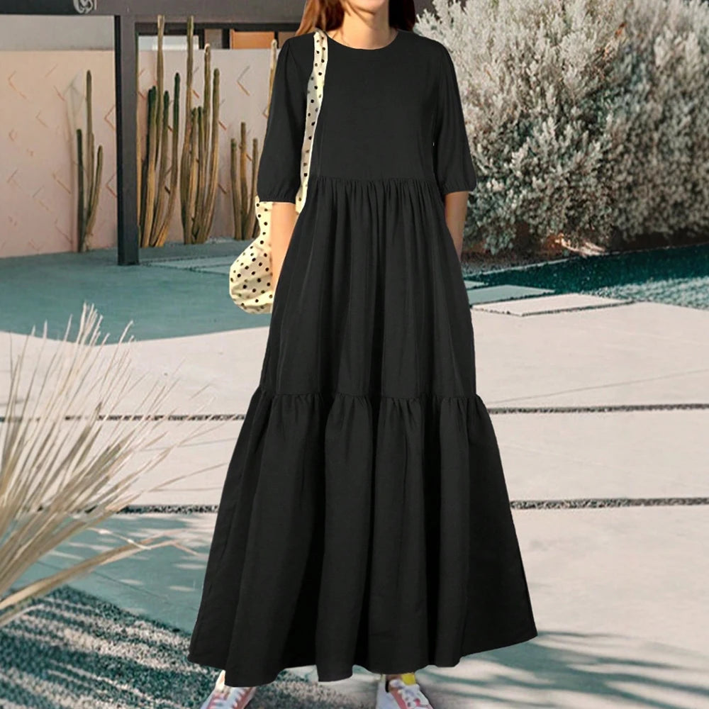 Rafiah Summer Long Dress 2025 Arabian Dress Basics Simple Solid Color Short Sleeve Crew Neck Midi A-Line Daily Dress For Women