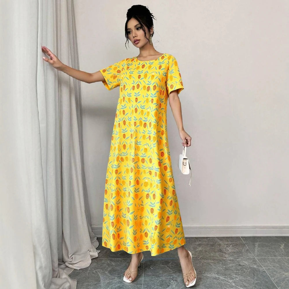 Rafiah Women's Arabian Dress Summer Cute Daily Cartoon Full Print Short Sleeve Round-Neck Midi A-Line Long Casual Dress