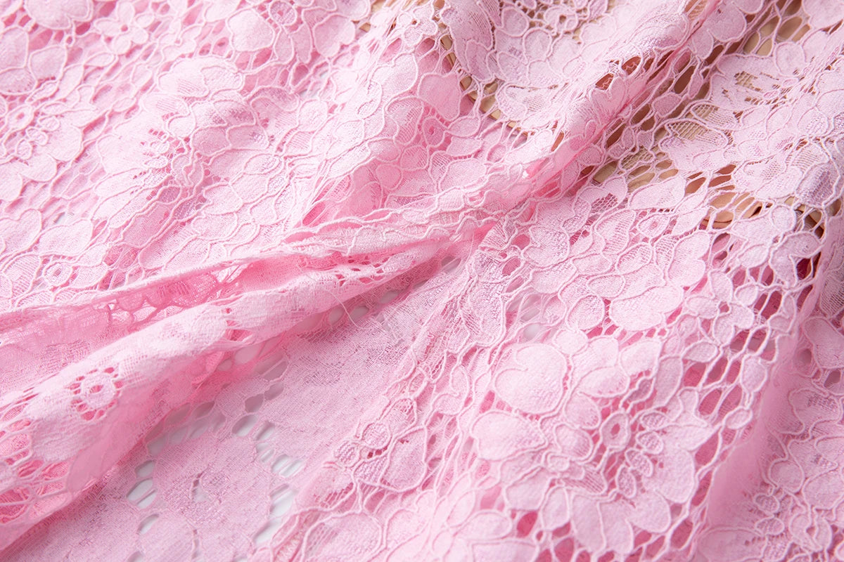 Luxury Eyelash Lace Mid-Calf Party Dress – Women’s Summer Short Sleeve A-Line with Crystal Beading, Hollow-Out Design – Pink Bridesmaid & Prom Gown