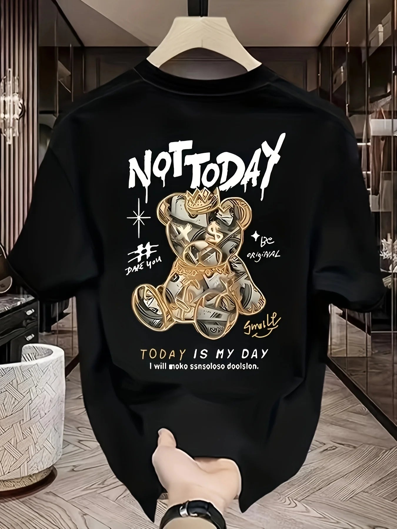 Men's summer 100% pure cotton fashionable casual sports loose cartoon bear 🐻 “Not Today” pattern printed round neck short sleeved T-shirt top