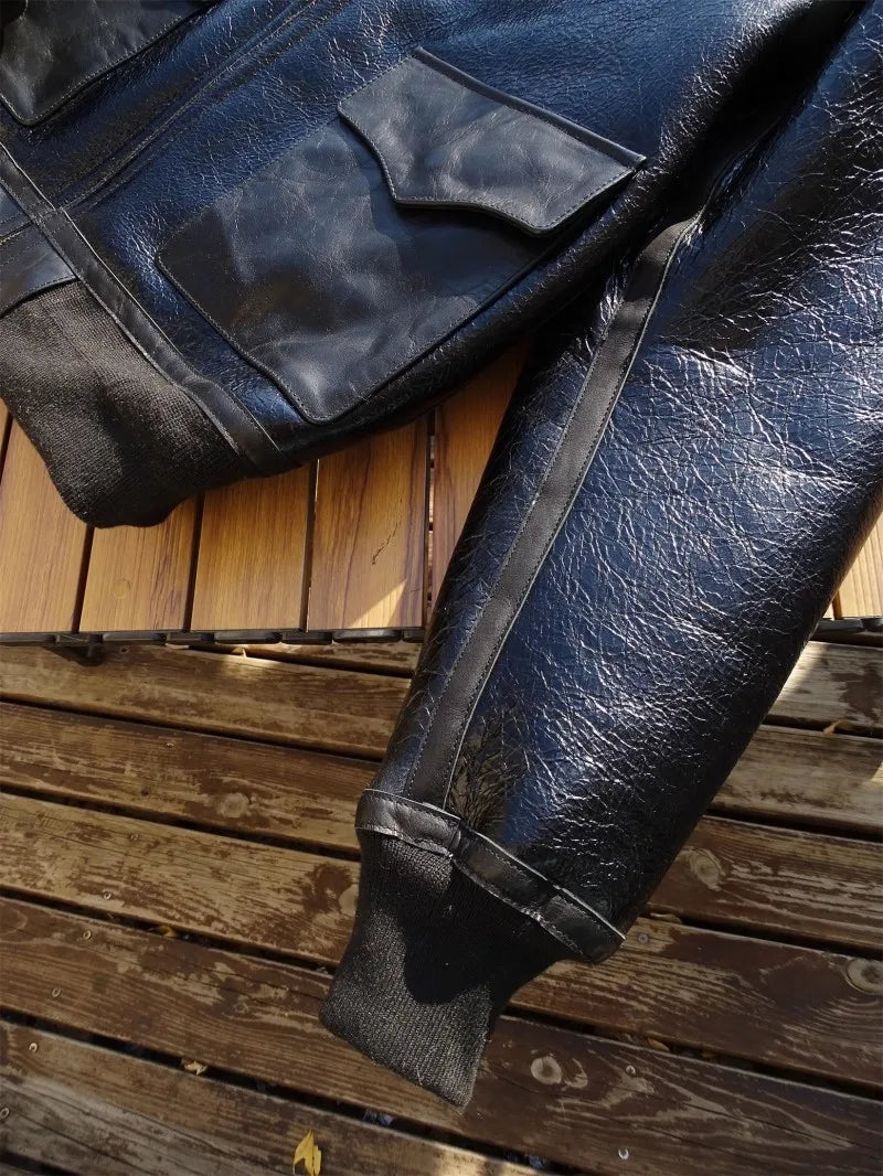 Mens Oil Waxed Sheepskin Motorcycle Short Coat Lapel Winter Real Fur Jackets Warm Wool Lining Genuine Leather Pilot Jacket Male