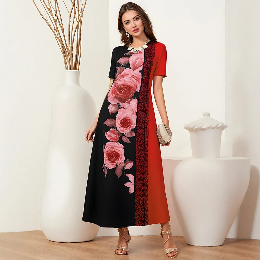 Rafiah Summer Dress 2025 Women's Glamorous Floral Short Sleeve Crew Neck A-Line Maxi Party Arabian Dress