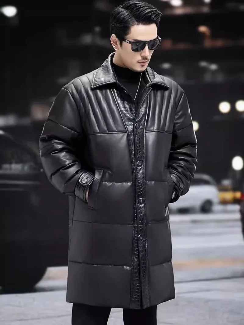 Winter Mens Sheepskin Genuine Leather Down Coat Thicken Warm Single Breasted Turn-Down Collar Medium Length Overcoat Size 5XL