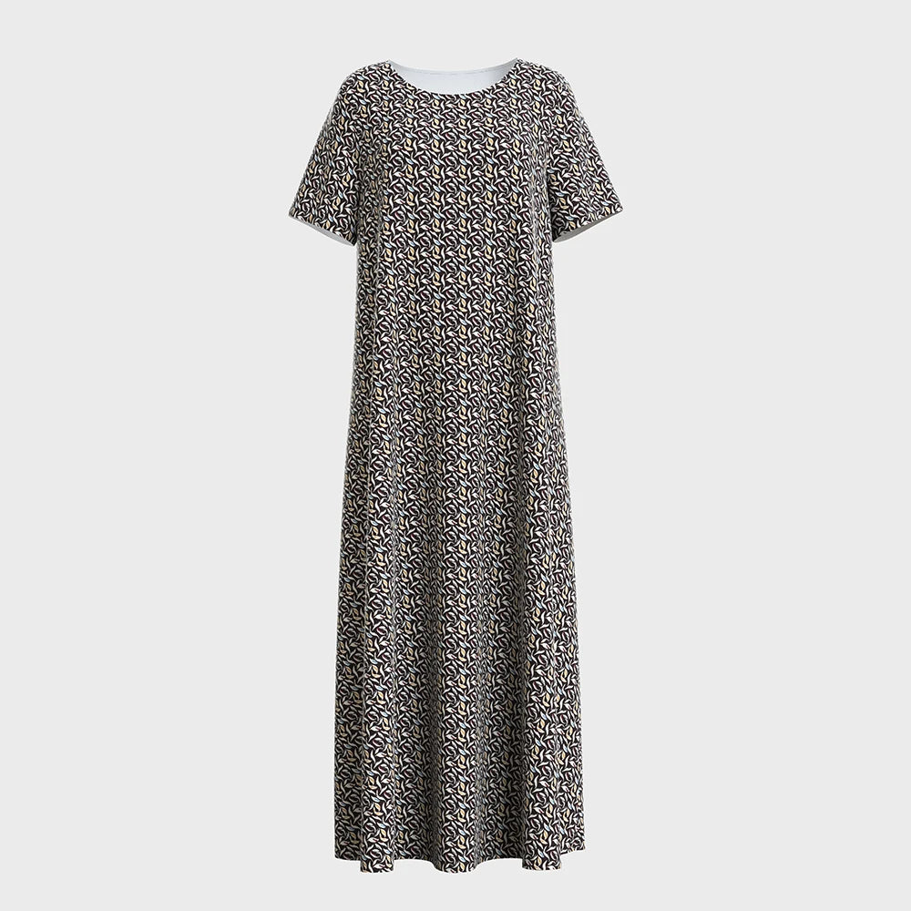 Rafiah Women's Long Dresses Summer Comfortable Elegant 2025 Full Print Short Sleeve Round Neck A-Line Midi Vacation Dresses