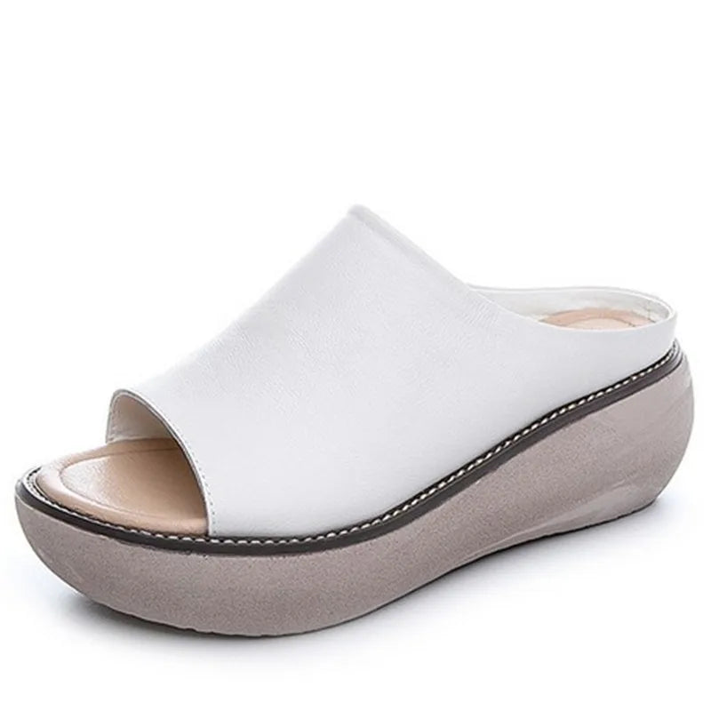 Women’s Genuine Leather Wedge Slippers – Handmade Summer Slides