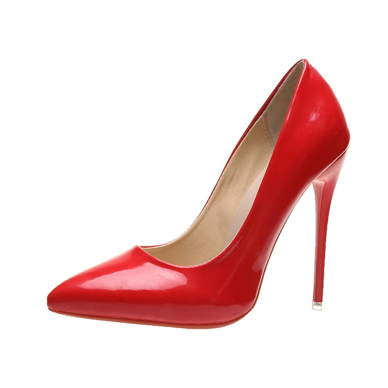Temperament 12cm Super High Thin Heels Shoes Women Pumps Pointed Toe Colorful Patent Leather Stiletto Wedding Shoe Size 45