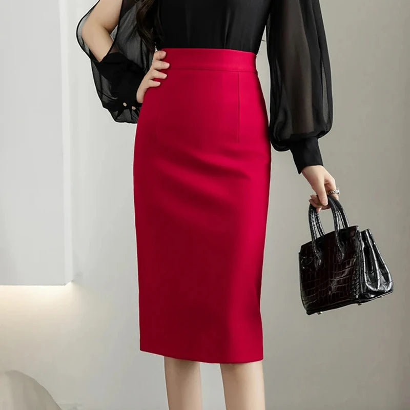 Classic Vintage Gray Red Stretch Pencil Skirts For Women Office Lady Formal Black Midi Skirts Elegant Female Package Hip Skirts