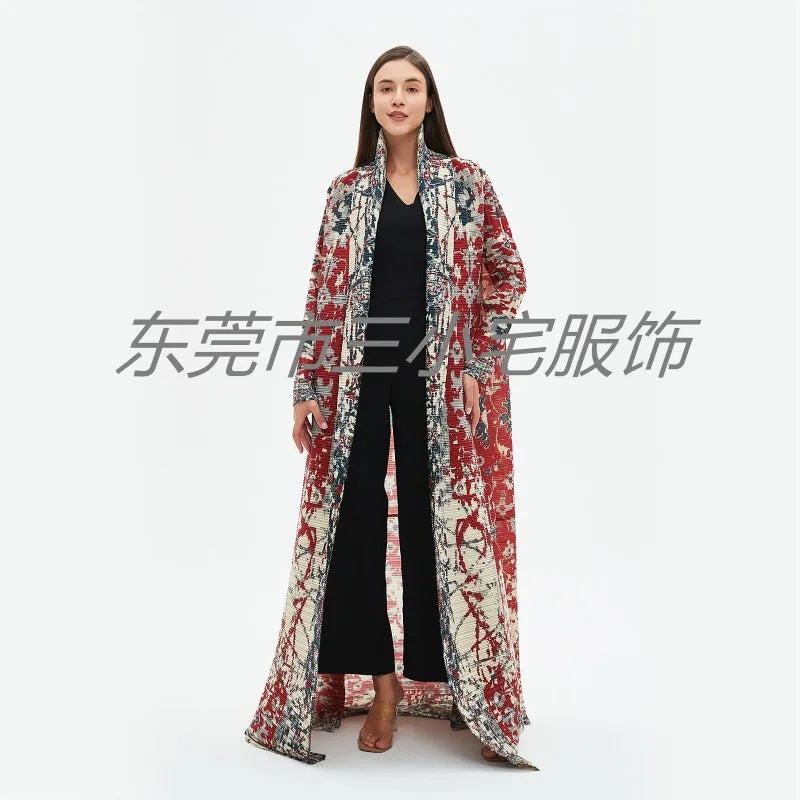KAF Pleated Women Loose Plus Size Trench Coat 2024 Autumn New Vintage Printed Cardigan Design Arab Female Luxury Abaya