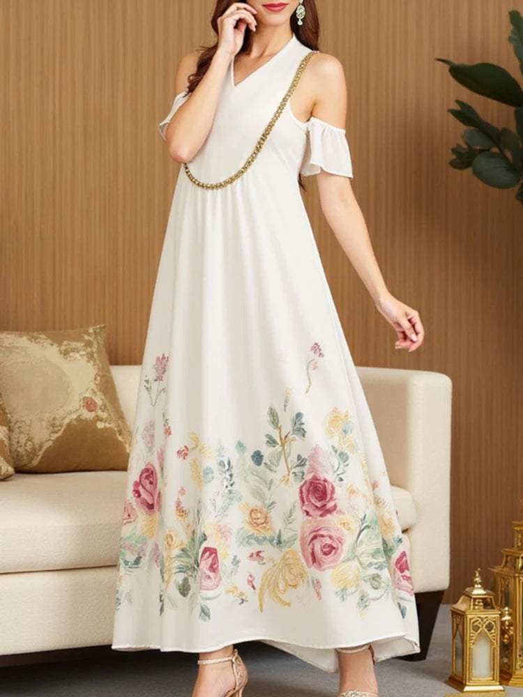Rafiah Women's Dresses Summer Classic Decent Floral Short Sleeve V-Neck Midi Long Dress A-Line Casual Shift Dresses