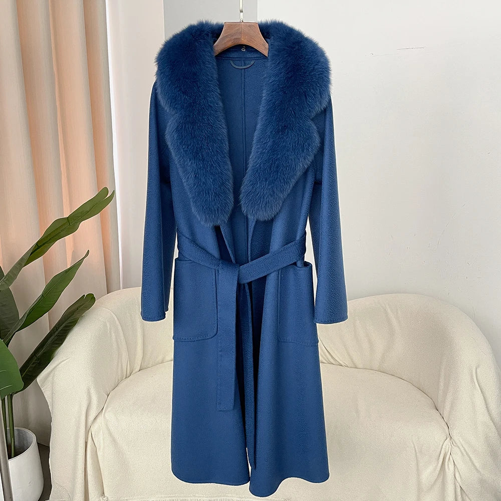 GENHUA 2025 New Casual Fur Coat for Ladies Winter Wool Long Fur Ladies Natural Real Fox Fur Collar Jacket for Ladies Warm Coat
