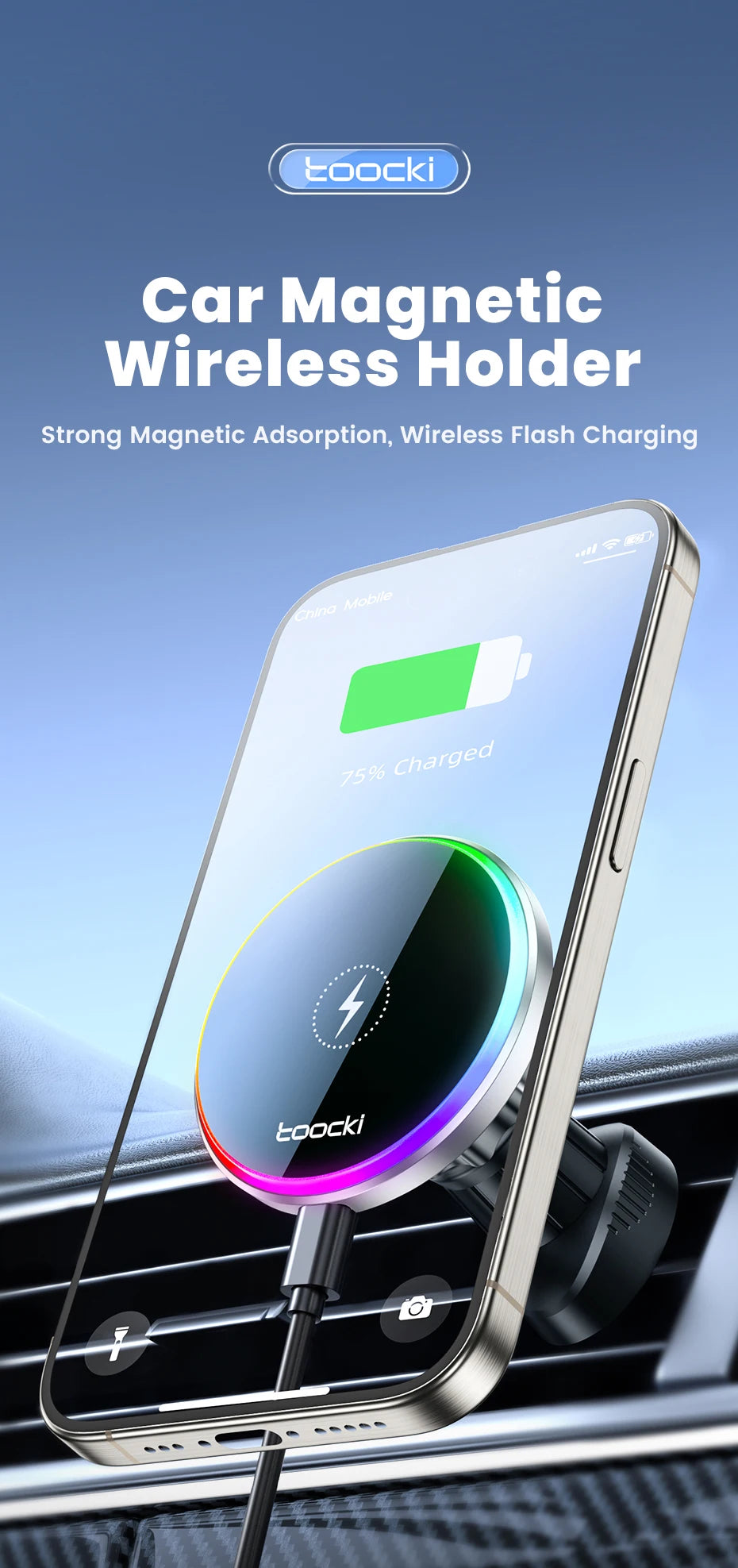 Toocki RGB Magnetic Car Phone Holder 15W Wireless Charger Car For iPhone 15 14 13 Pro Max Samsung Phone Car Charger Holder Stand