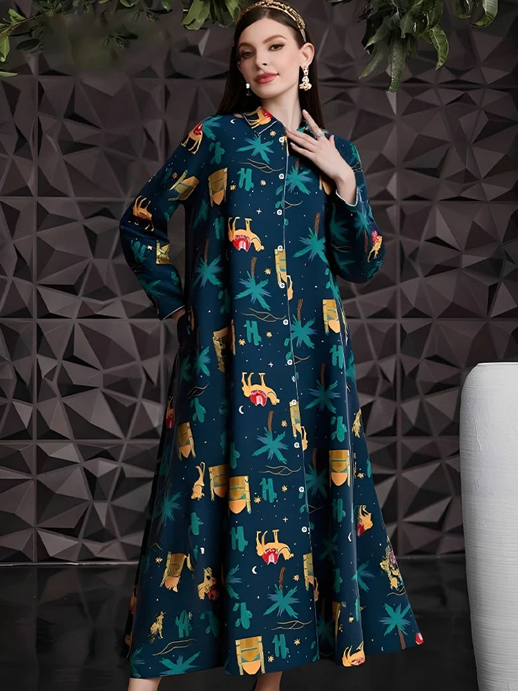 Rafiah Women's Dresses Summer Comfortable Elegant 2025 Cartoon Long Sleeve Shirt Collar A-Line Midi Vacation Long Dresses