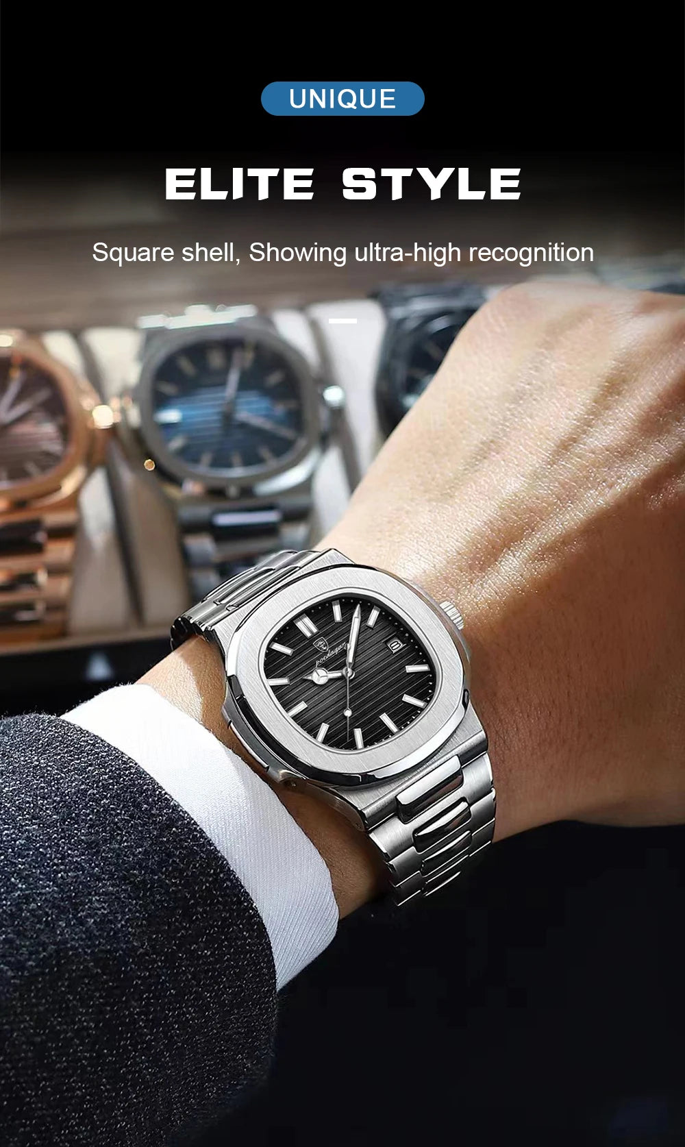 POEDAGAR Square Luxury Men Wristwatch Waterproof Luminous Date Stainless Steel Male Clock Business Sports Quartz Watches For Men