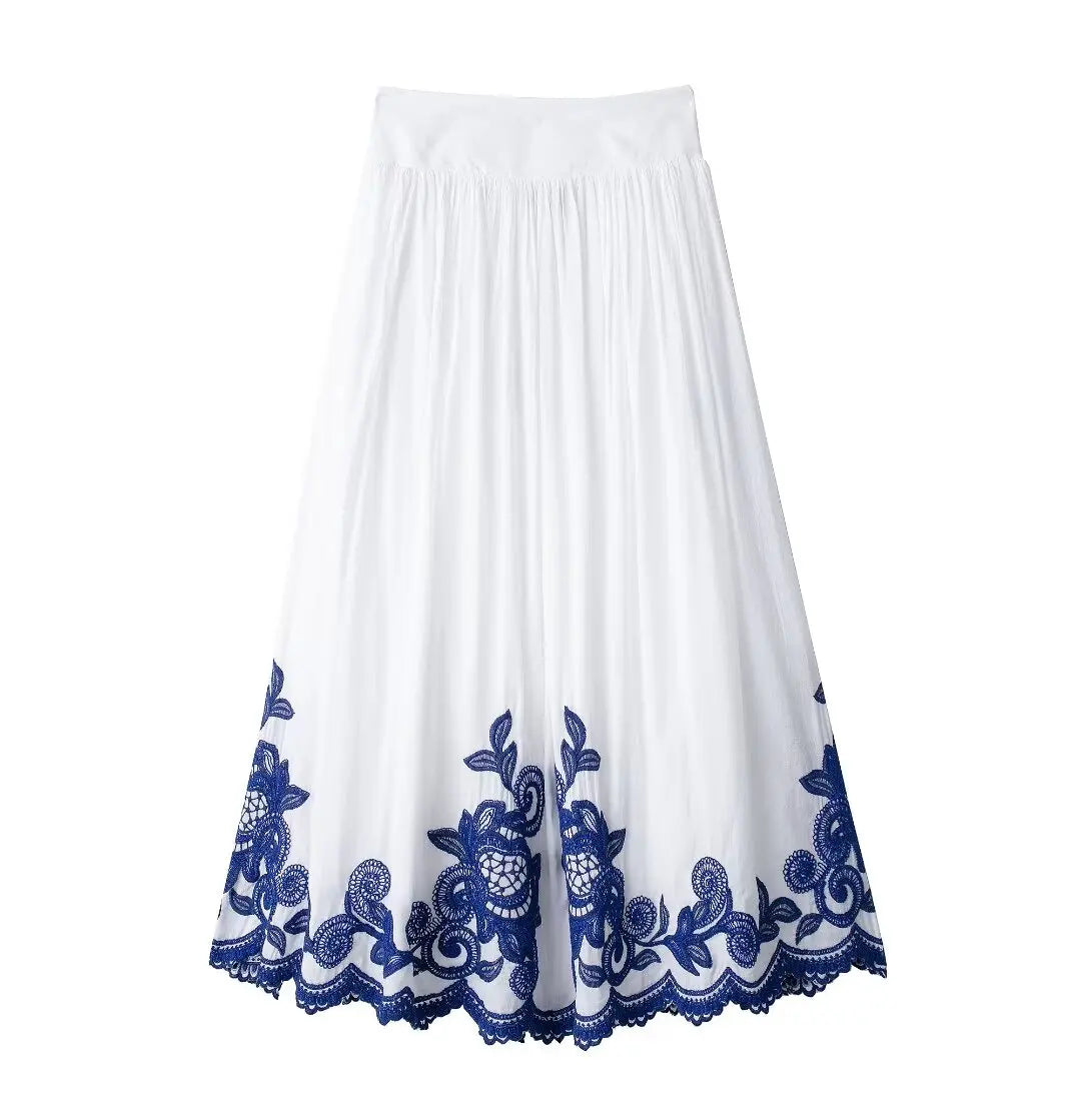 TRAFZA 2024 Women Skirt Set Blue Embroidery Three Quarter Bat Sleeve Shirt +Folds A Line Long Skirt Casual Loose Beach Holiday
