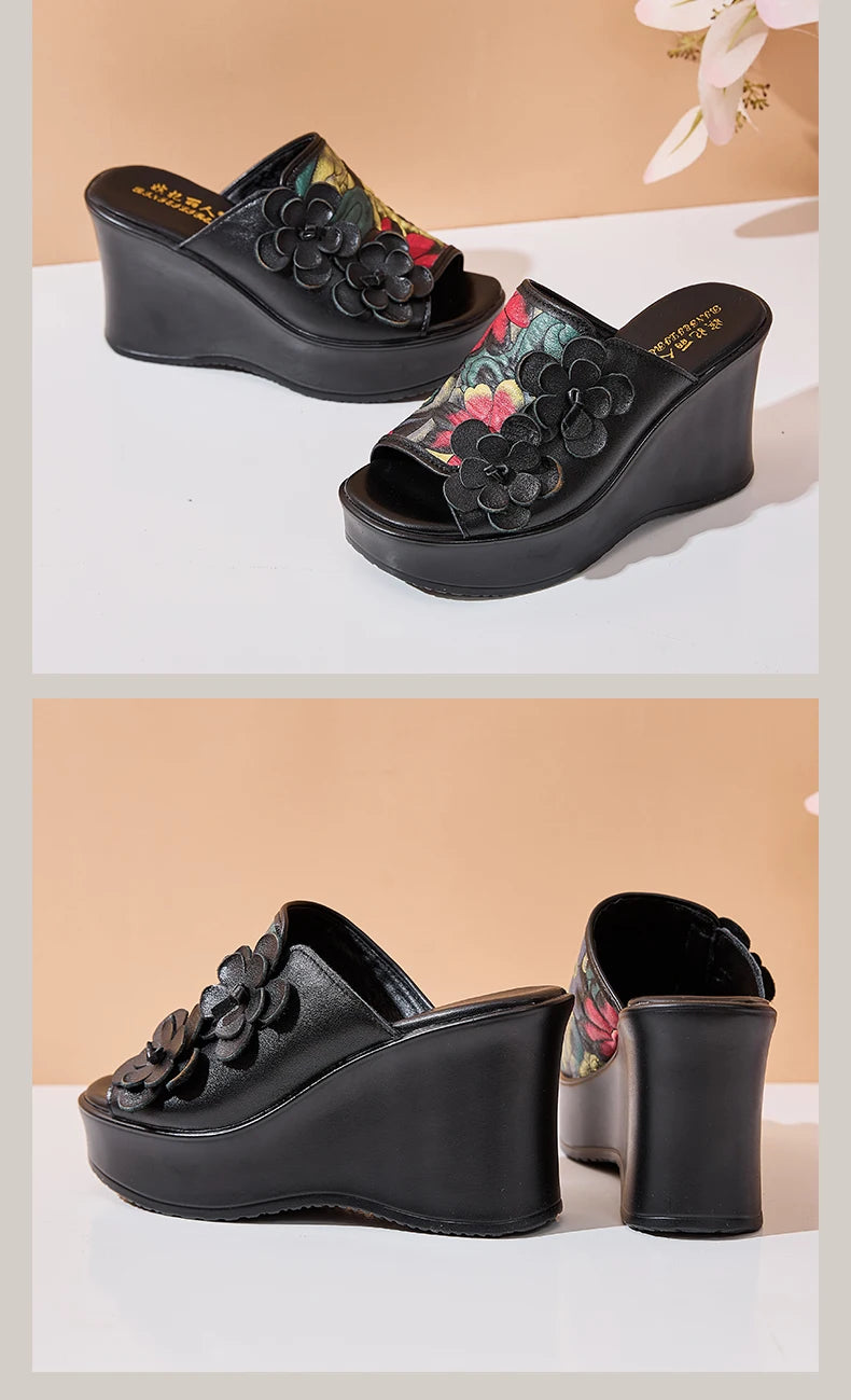 Genuine Leather Women Flower High Heels Wedges Summer Platform Slippers
