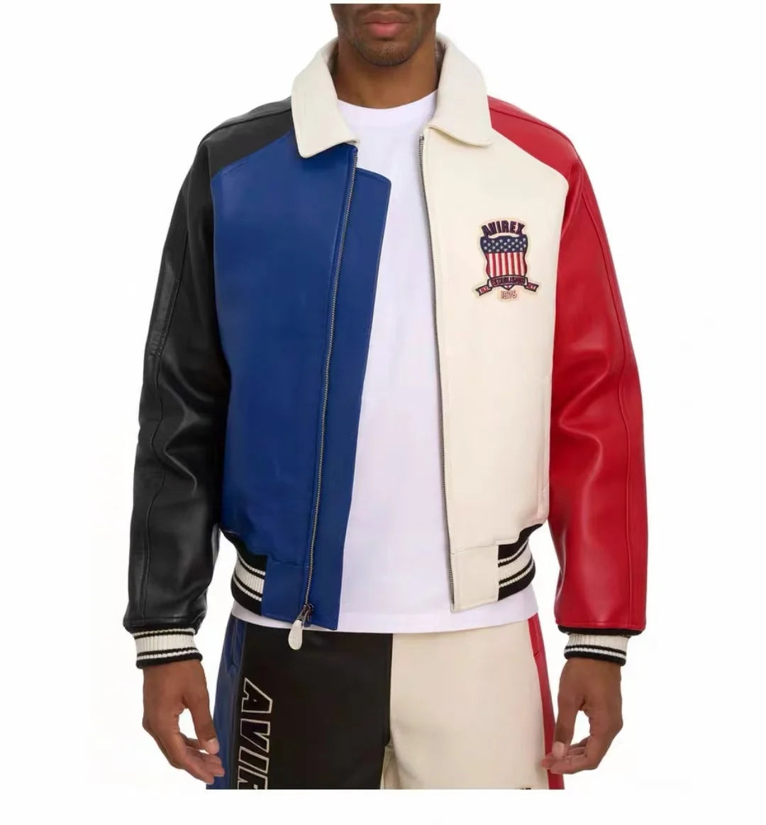 Avirex Colorblocked Men's French Sheepskin Jacket Flight Suit Genuine Leather Leather Jackets US Size Fashion Casual Coat tops