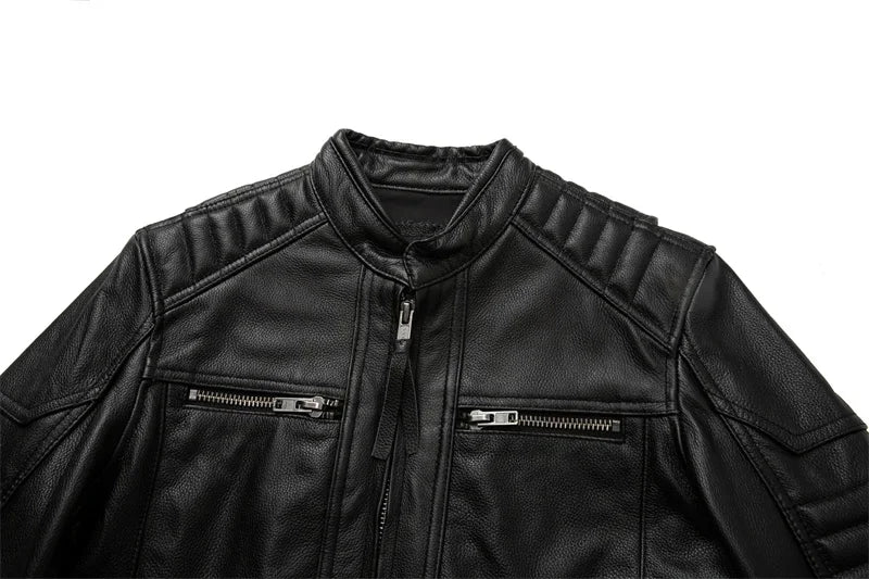 Men's Natural Leather Jacket First Layer Calfskin Stand Collar Motorcycle Jacket Retro Brown Cowhide Jacket Men‘s Biker Clothes
