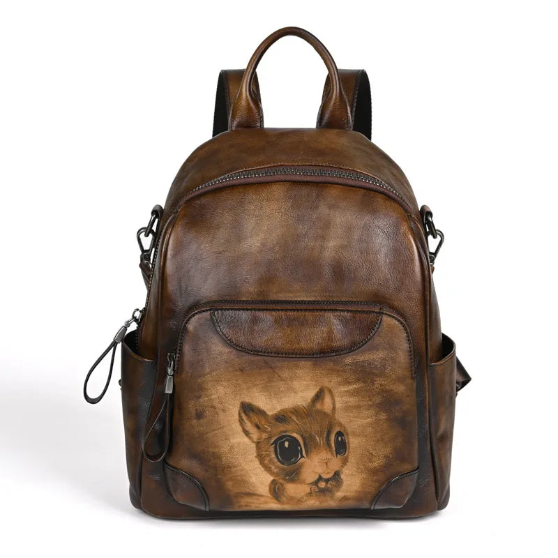 MOTAORA New Cowhide Large Capacity Backpack For Women's Retro Genuine Leather Handbag Animal Print Travel Schoolbag Shoulder Bag