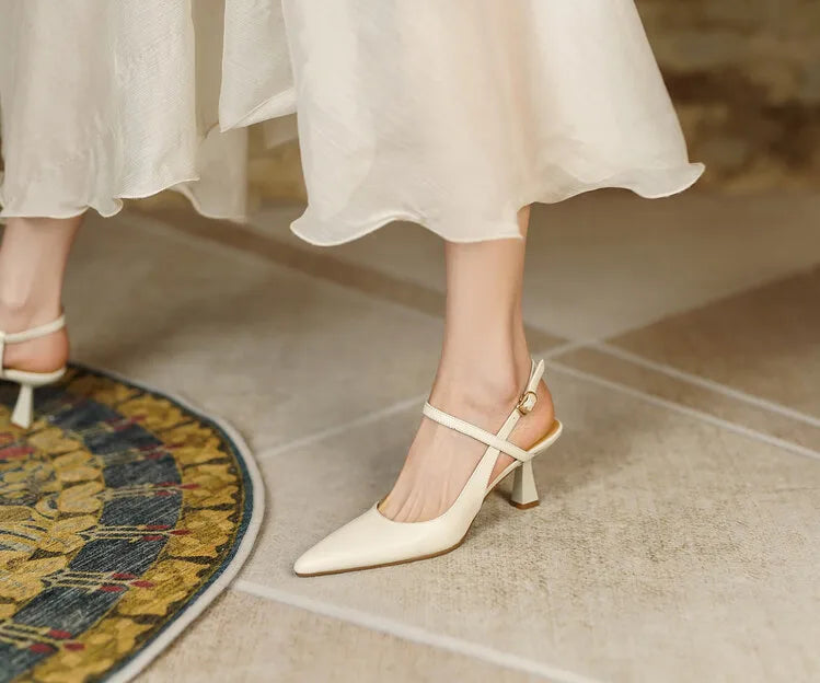 Summer Women Shoes Pointed Toe Thin Heel Women Sandals Genuine Leather Shoes for Women Slingback Elegant High Heels Party Shoes