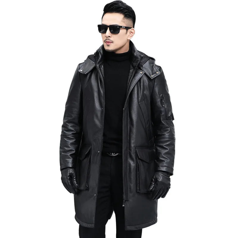 Men's Leather Down Coat, Mid Length, Hooded, Thick Warm Jacket, Large Size Outerwear, Business Male Coat, Winter