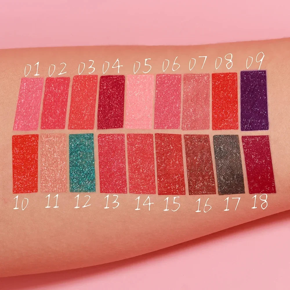 18 Color Sexy Red Diamond Glitter Lip Gloss Metallic Waterproof Long Lasting Matte Shimmer Liquid Lipstick Women Makeup Cosmetic