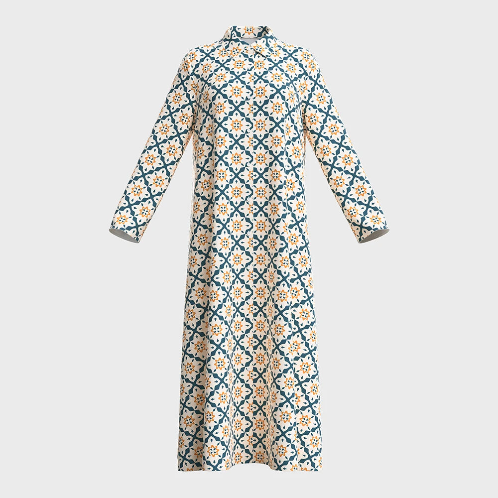Rafiah Women's Long Dresses Summer Elegant 2025 Full Print Edgy Long Sleeve Shirt Collar A-Line Midi Vacation Dresses