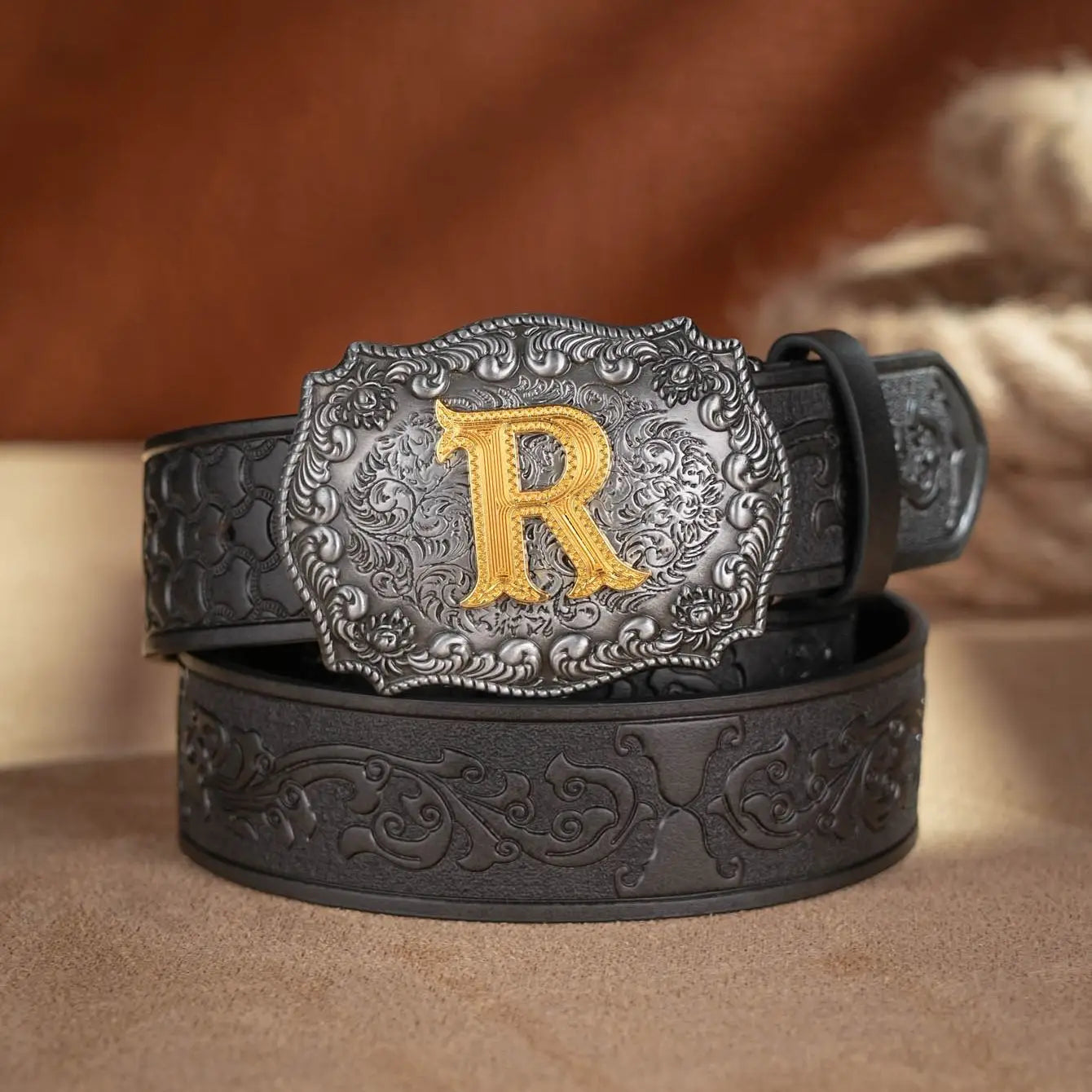 Western Cowboy PU Leather Belt - Men Waist Strap Bull Decoration Floral Engraved for Jeans