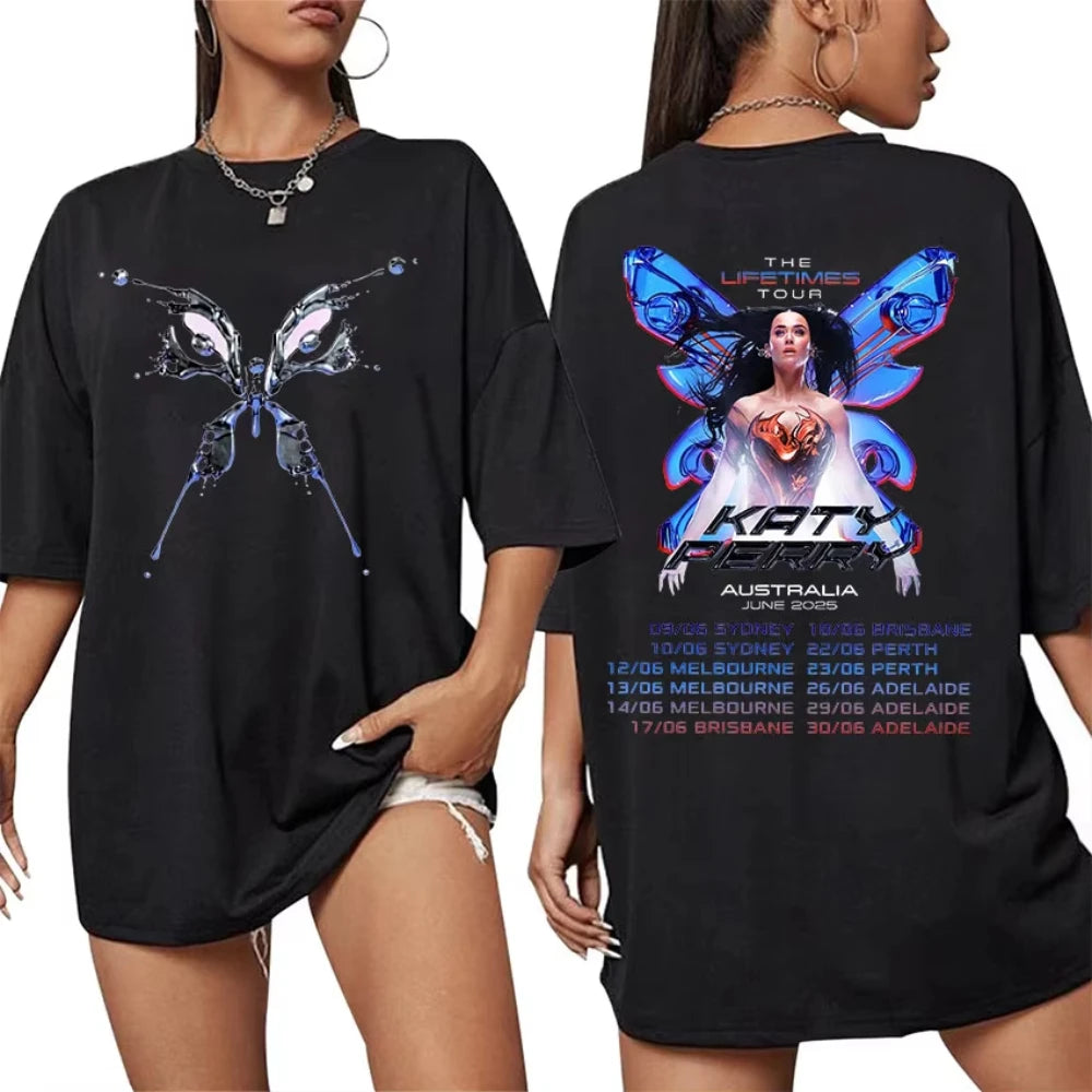 2025 Katy Perry The Lifetimes Tour Print Tee Shirt Men Women Vintage Aesthetic High Quality Oversized Cotton T-Shirts Streetwear